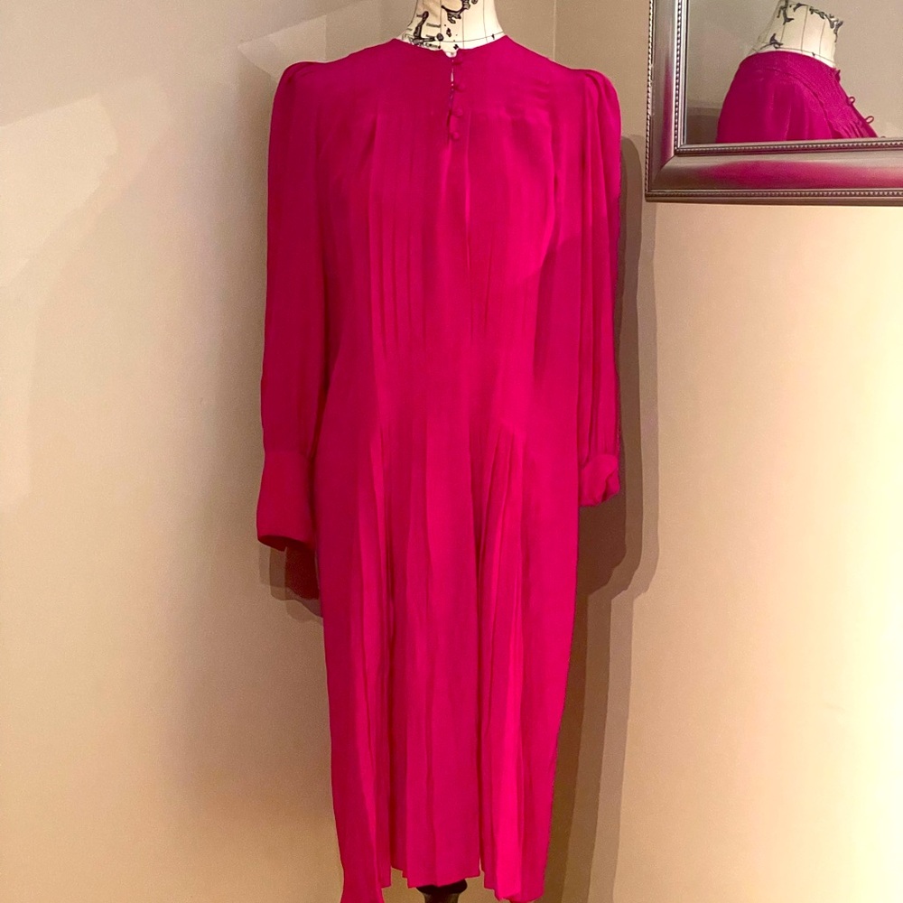 🎯100% Silk Cassis Vintage Colorful Retro 50s Pleated Slip Button Shift Sheath 10